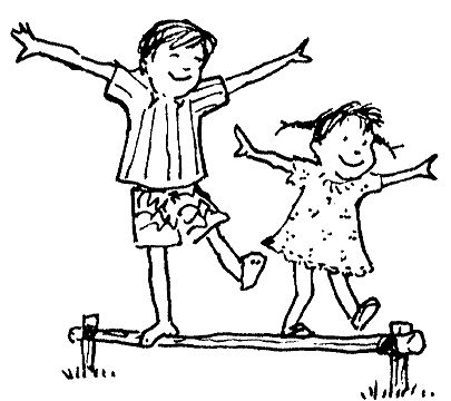 An illustration of two children walking across a balance beam.