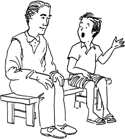 An illustration of a child and an adult sitting on a bench together, The child is talking and the adult is listening.