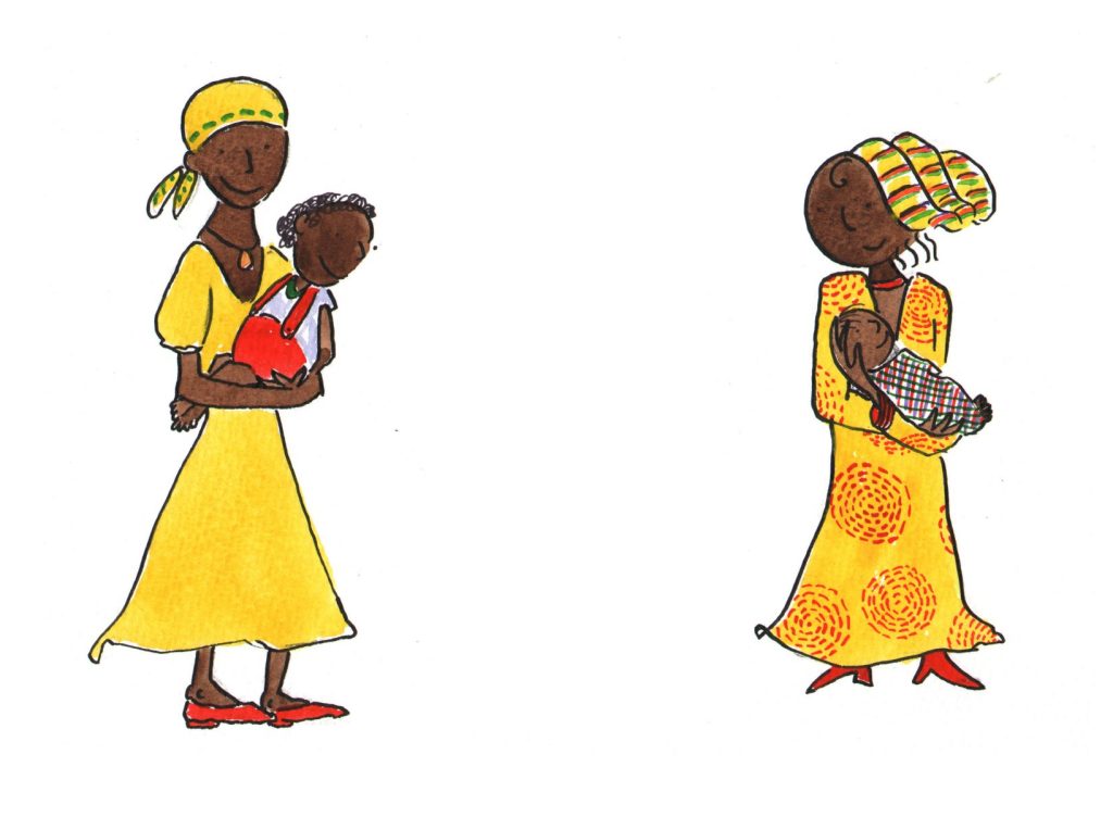 An illustration of two women holding two babies.