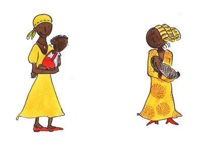 An illustration of two women holding two babies.