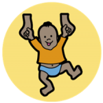 The circle icon for Caring for Babies & Young Children Prevention - an illustration of a pair of hands helps a toddler in an orange shirt and blue nappy walk.