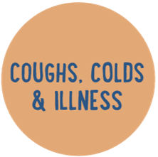 The words Coughs, Colds & Illness in blue text on a peach background.