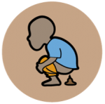 A child in a blue shirt is squatting to take a poo.