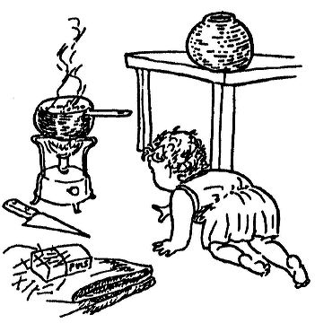 An illustration of a baby crawling towards a pot on a lit stove. There's a knife next to the pot.