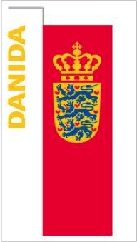 The word DANIDA in gold on the left, a red field with a three lions coat of arms on the right.