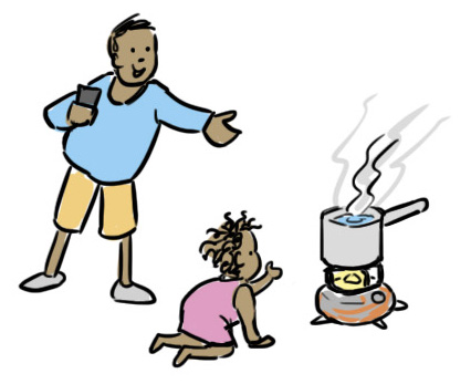 An illustration of a person holding a mobile as they gesture towards a cooking pot on a lit stove as a baby crawls towards it.