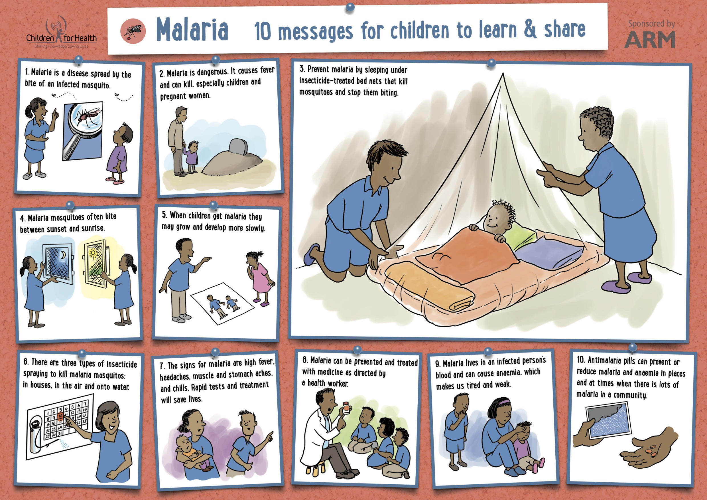 Children for Health's Malaria prevention poster. It is red with 10 boxes with white backgrounds, each with a cartoon and a message about preventing malaria.