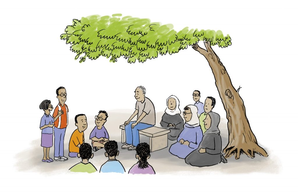 A group of people are gathered under a tree discussing a campaign day.