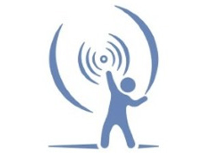 A blue silhouette of the child from our logo with the radio marks coming from their upraised right hand.