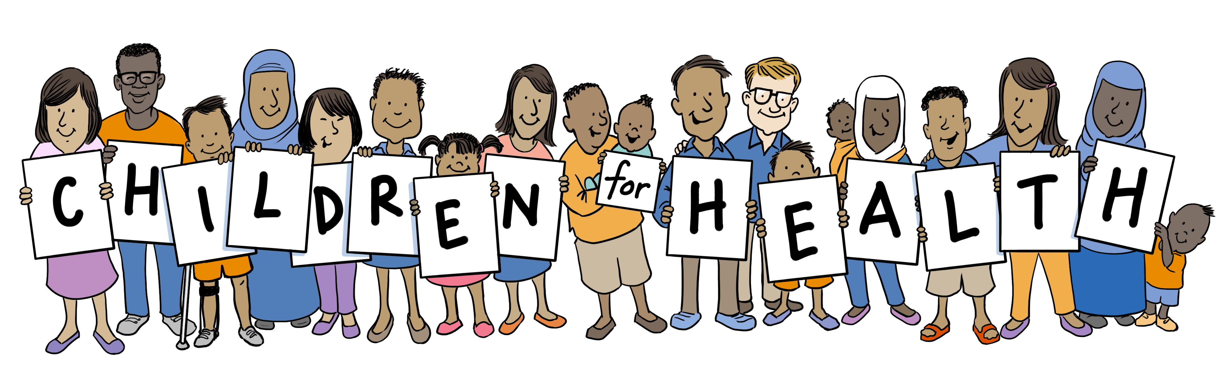 Illustration of a group of people holding posters with letters that spell out Children for Health