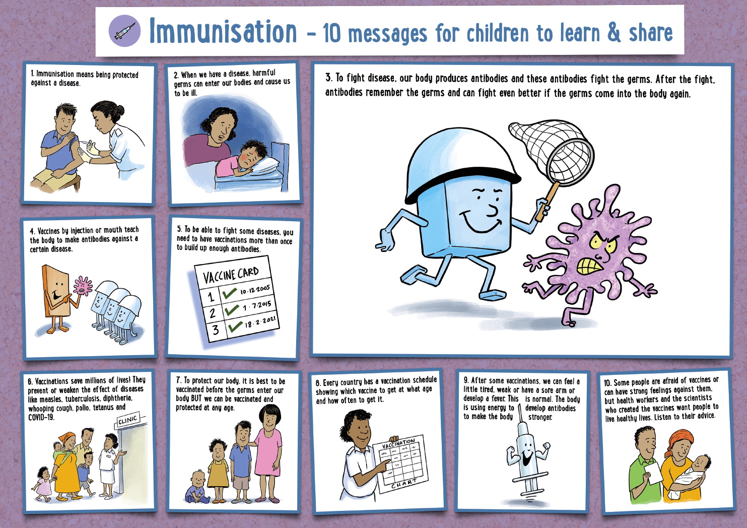 Front of our immunisation poster. It has 10 messages about immunisation that children can learn and share and each message is illustrated.