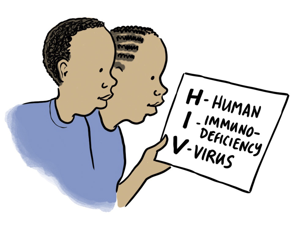 Two children look at a piece of paper with the HIV acronym explained.