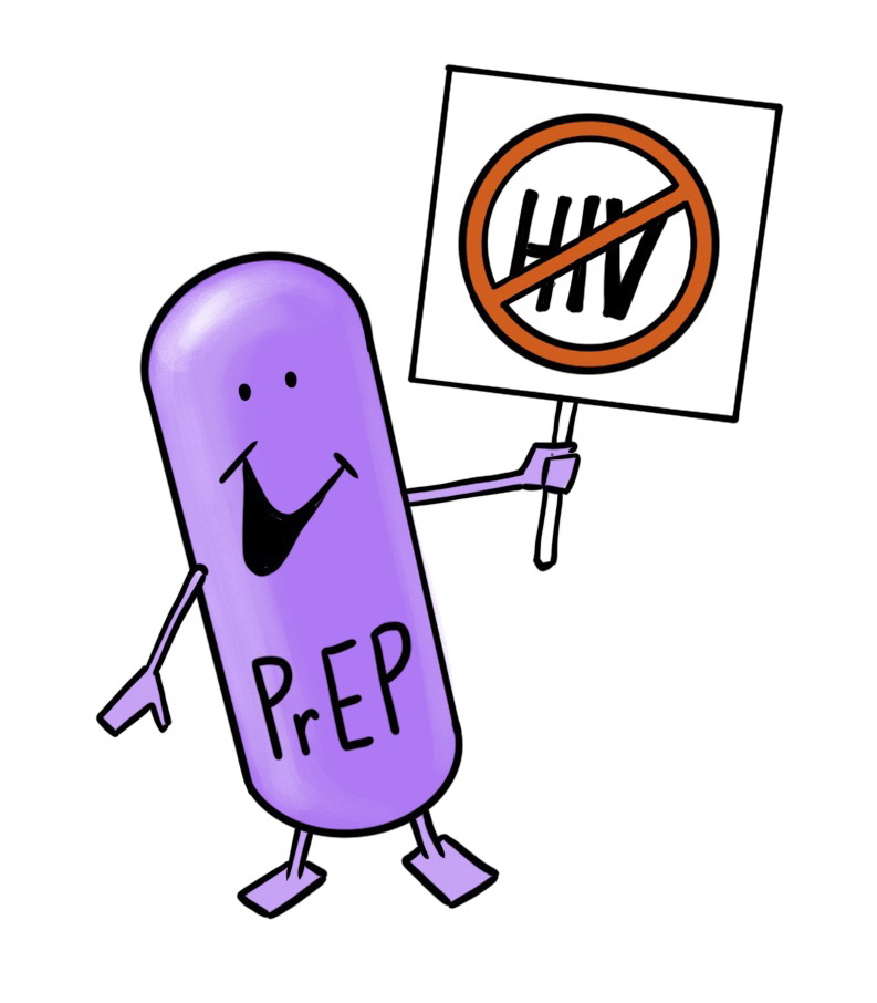 A large purple medicine capsule with a face and limbs labelled PrEP holds a sign with HIV crossed circle.