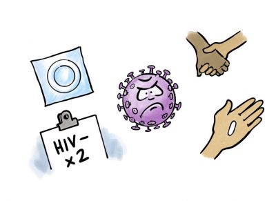 HIV molecule looks grumpy while surrounded by the things that can help prevent HIV spreading.