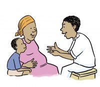 A pregnant person sits with an older child listening to a health worker.
