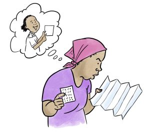 A woman holding her blister pack an instruction sheet looking lost while she tries to remember what the nurse said.