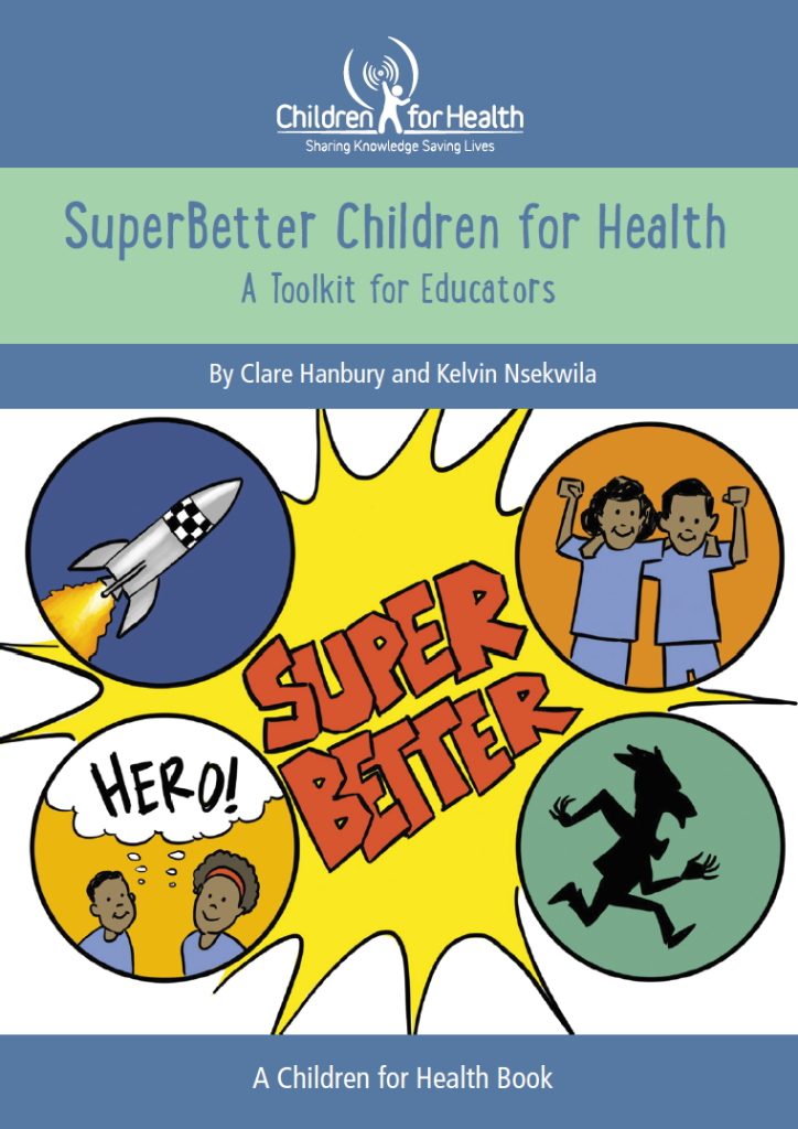 Cover of SuperBetter Children for Health with four circles highlighting elements of the programme.