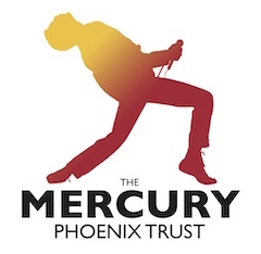 Silhouette of Freddie Mercury with a gold to red gradient positioned over the words The Mercury Phoenix Trust
