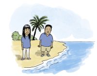 Queenie and Henry (from My Hero) stand on a beach together, smiling.