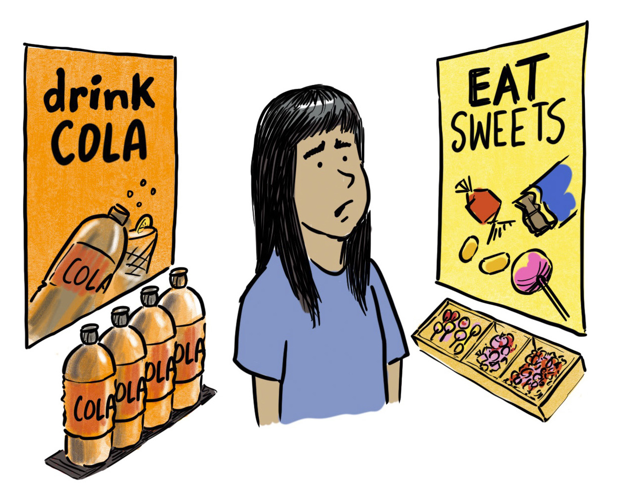Queenie (from My Hero) is distressed at the nutritional make up of soda and sweets.
