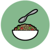 The circle icon for Nutrition - an illustration of a bowl of food (rice and vegetables) with a spoon on a green background.