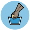 The circle icon for Water, Sanitation & Hygiene - an illustration of a pair of hands holding a bar of soap over a bucket of water.
